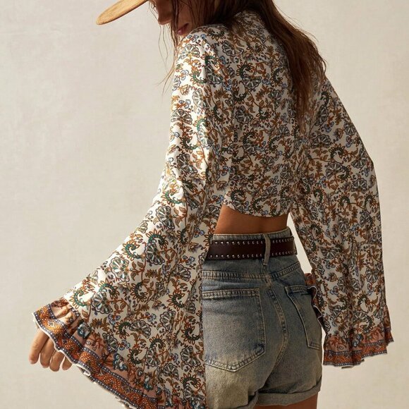 Apricot Boho Women's Bohemian Style Printed Long Sleeve Tie Front Cropped Blouse - Picture 7 of 7